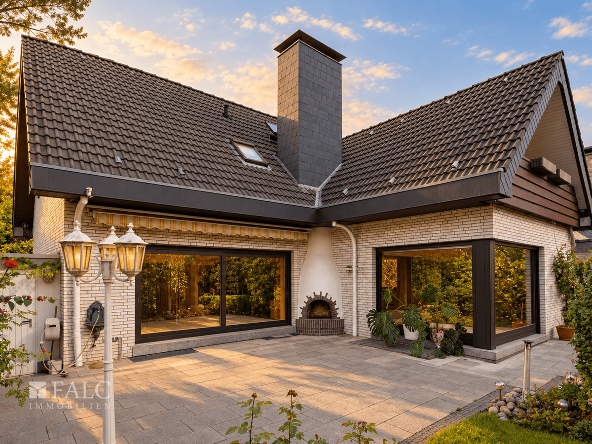 Terrassenansicht mit Außenkamin