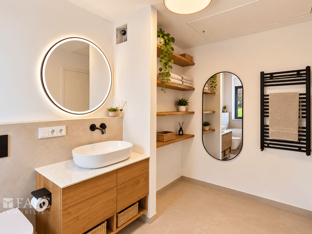 Helles skandinavisches Badezimmer mit Holz und Pflanzen