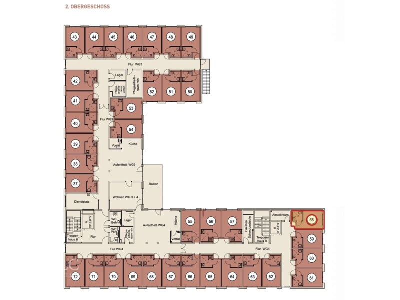 Grundriss Wohnung 58 markiert (KI)