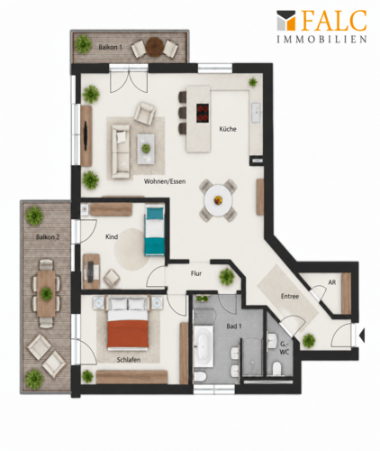 Moderne Wohnung mit Balkonen und Grundriss