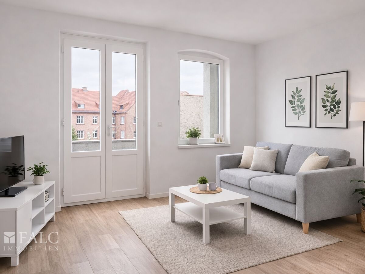 Wohnzimmer - Mögliche Gestaltung nach Renovierung (KI-Visualisierung)