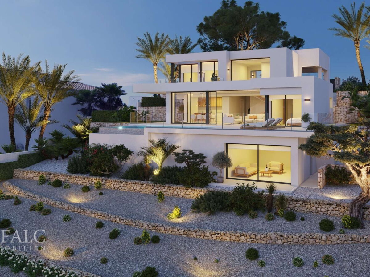 Villa Außenansicht vom Meer 3D bei Dämmerung