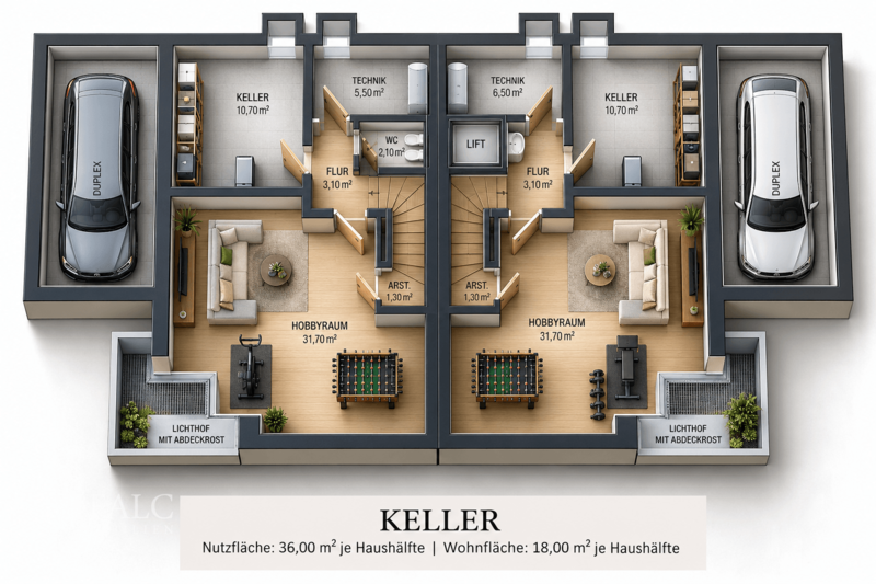 Symmetrischer Duplex-Kellergrundriss