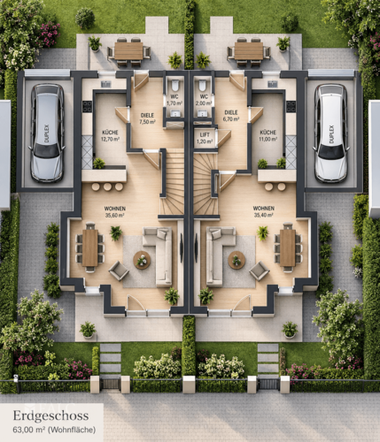 Symmetrischer Duplex-Grundriss mit Garten