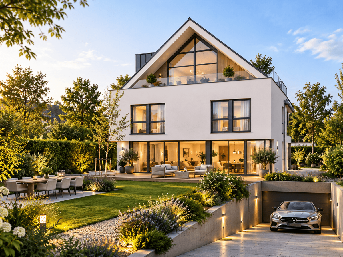 Modernes Haus mit Garten und Garage