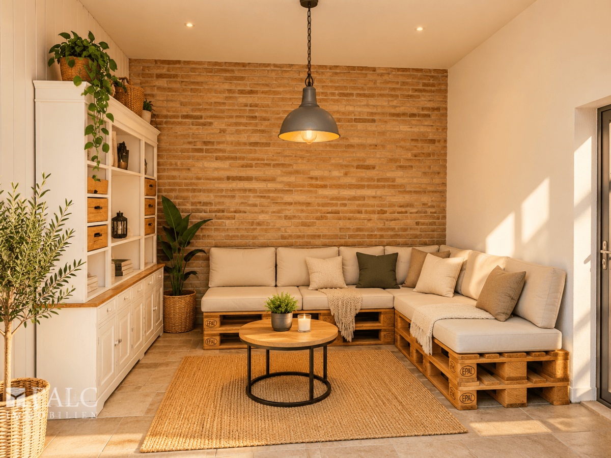 Gemütliche Scandi-Boho-Lounge mit Palettensofa