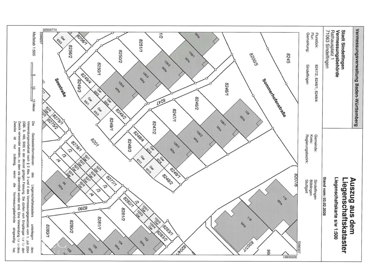 Amtlicher Katasterplan Sommerhofenstr.108 und Garagen Seestr., 71067 Sindelfingen