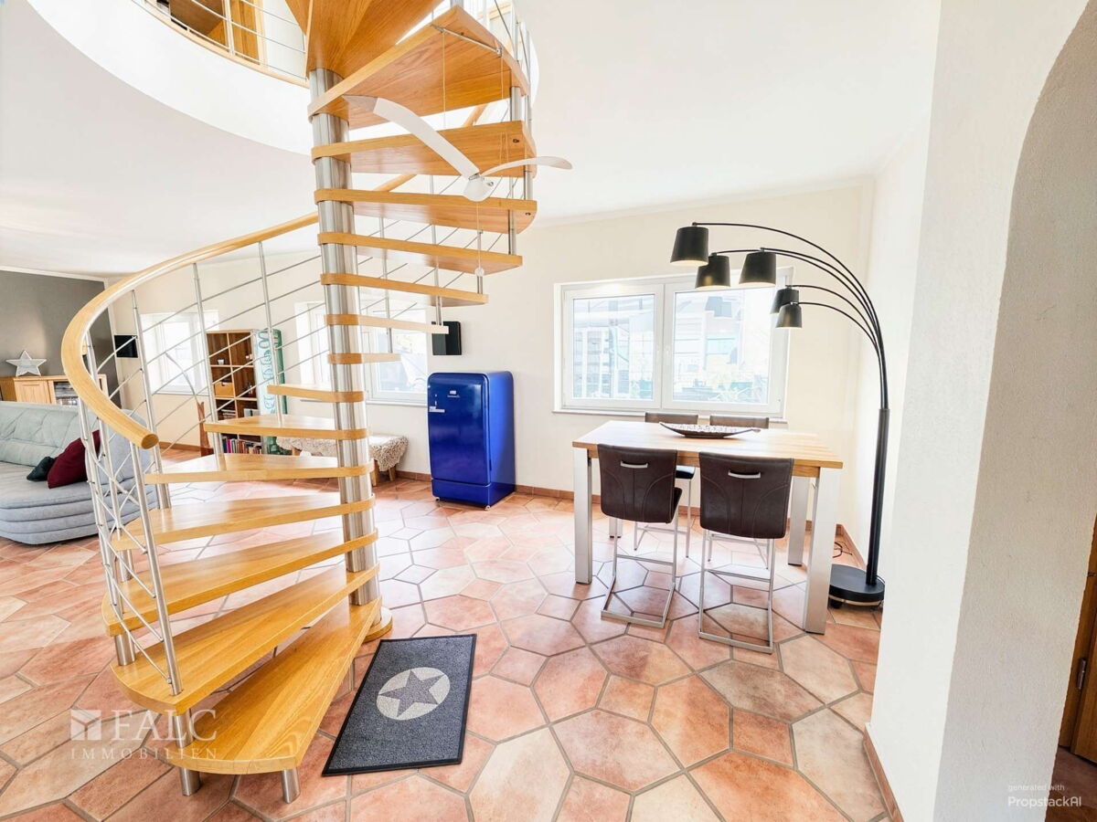 Wohnbereich im Erdgeschoss mit Wendeltreppe - (KI generiert)