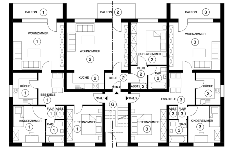 Grundriss EG bis 2. OG