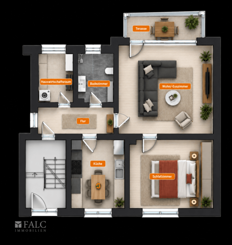 Moderne Wohnungsgrundriss mit Terrasse