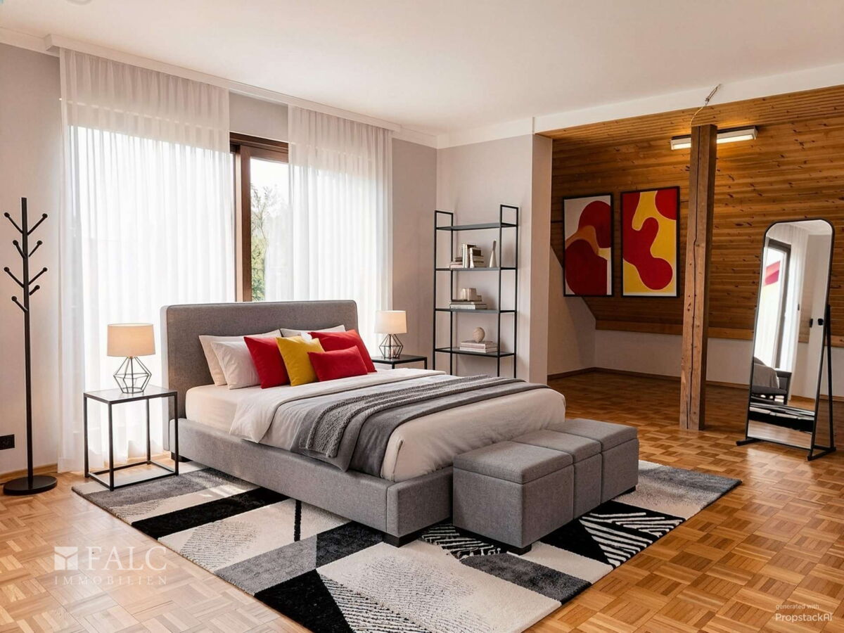 OG: Schlafzimmer 1 von 3, Süd-Loggia-Balkon, KI-bearbeitet