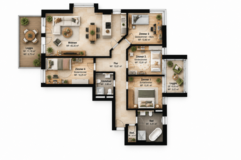 Photorealistischer Wohnungsgrundriss mit Einrichtung