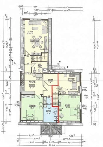 Grundriss Einliegerwohnung / Immobilie ( Rot ) OG