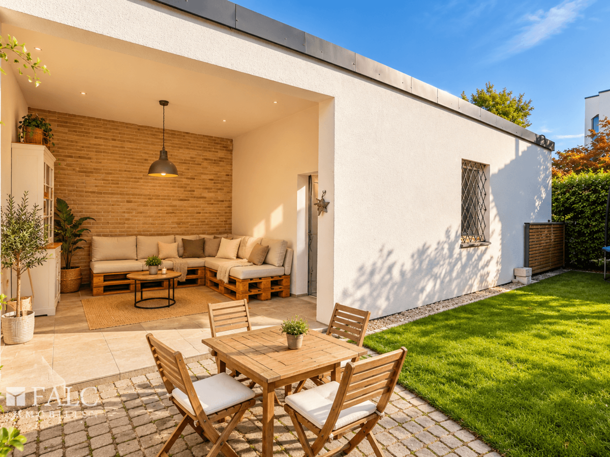Skandinavische Gartenlounge im Sonnenschein