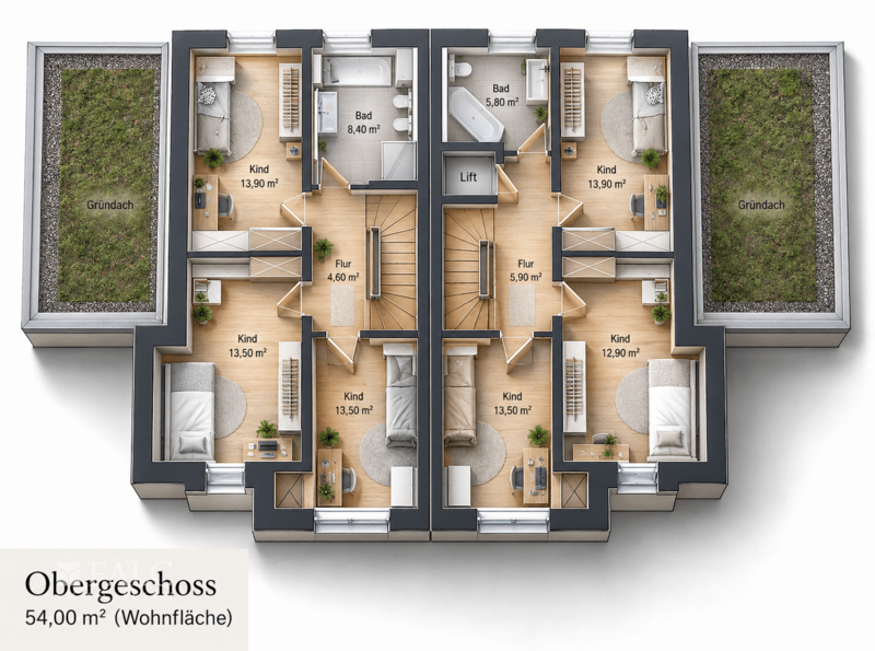 Symmetrischer Duplex-Grundriss im Obergeschoss