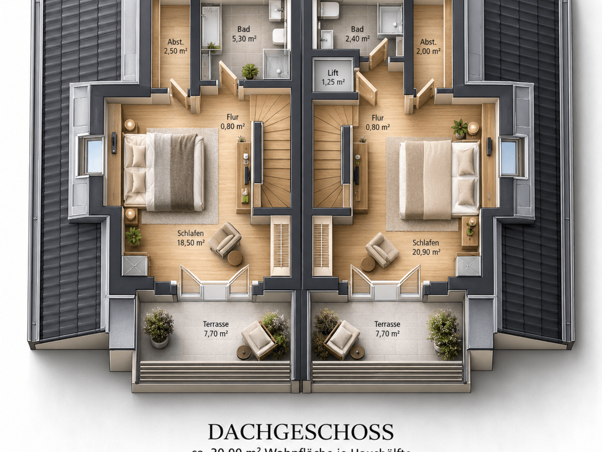 Symmetrischer Dachgeschoss-Duplex mit Terrassen